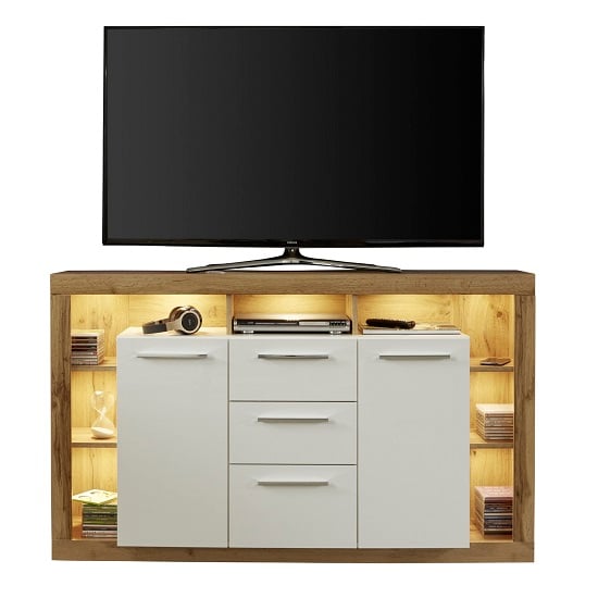 Monza Wooden Tv Sideboard In Wotan Oak And White With LED